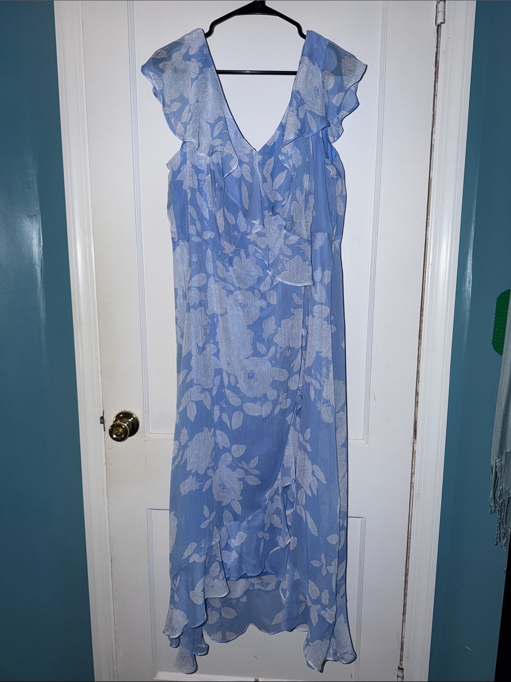 London Times Ruffled Wrap Bodice Short Flutter Sleeve Flowing Maxi Skirt Dress
